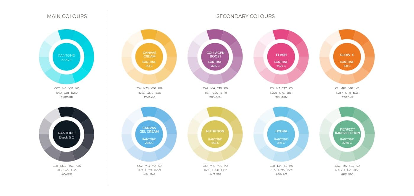 Main and secondary Pantone colour palette of the brand