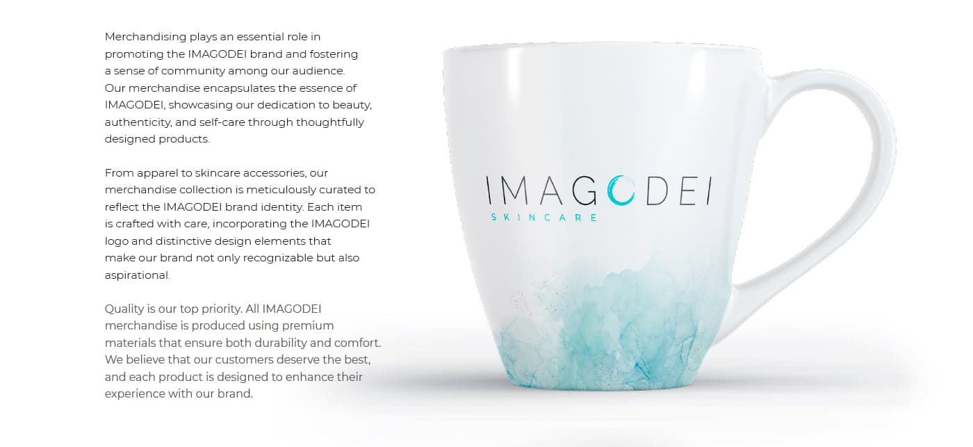 White ceramic mug with the logo and a turquoise watercolour base