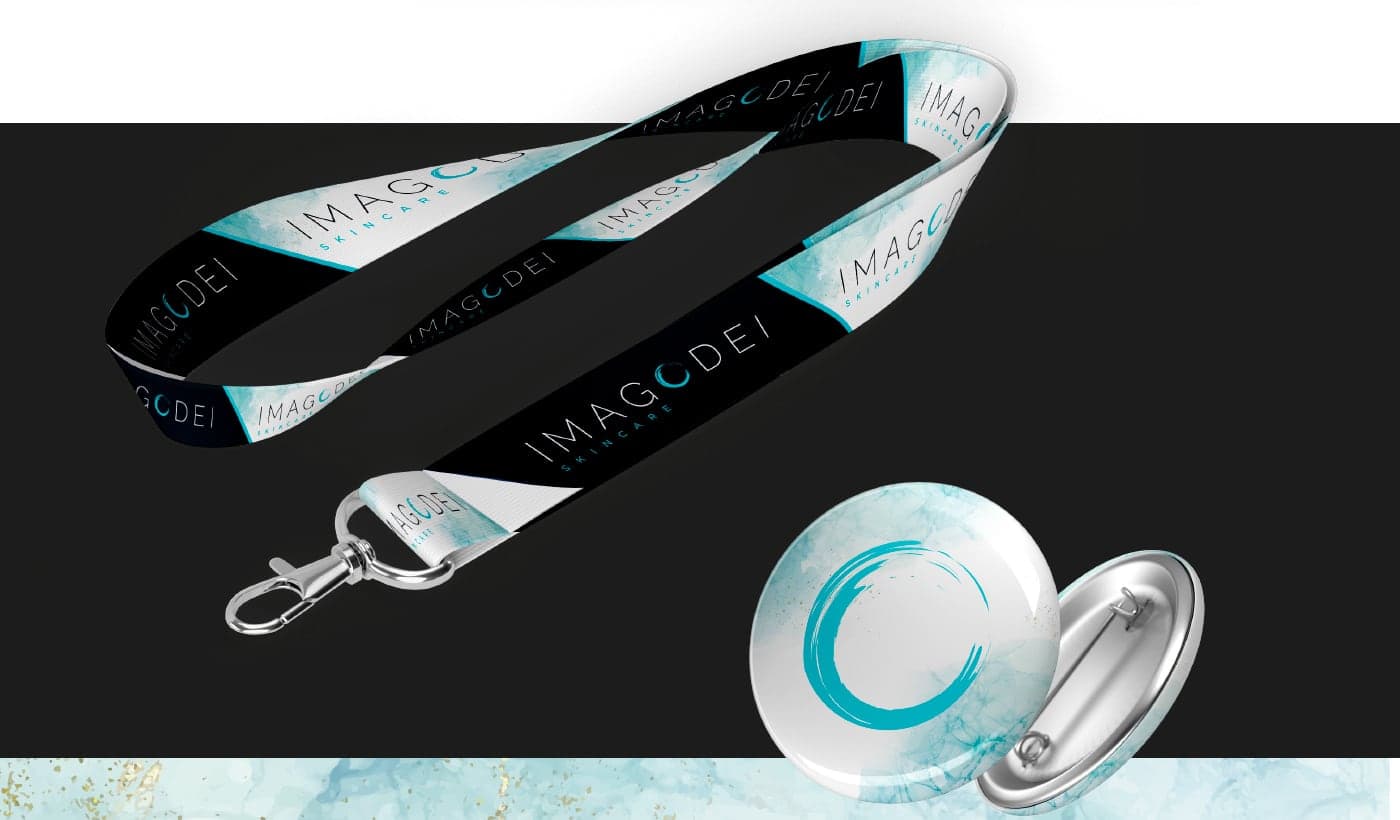 Lanyard and circular badge with the brand logo