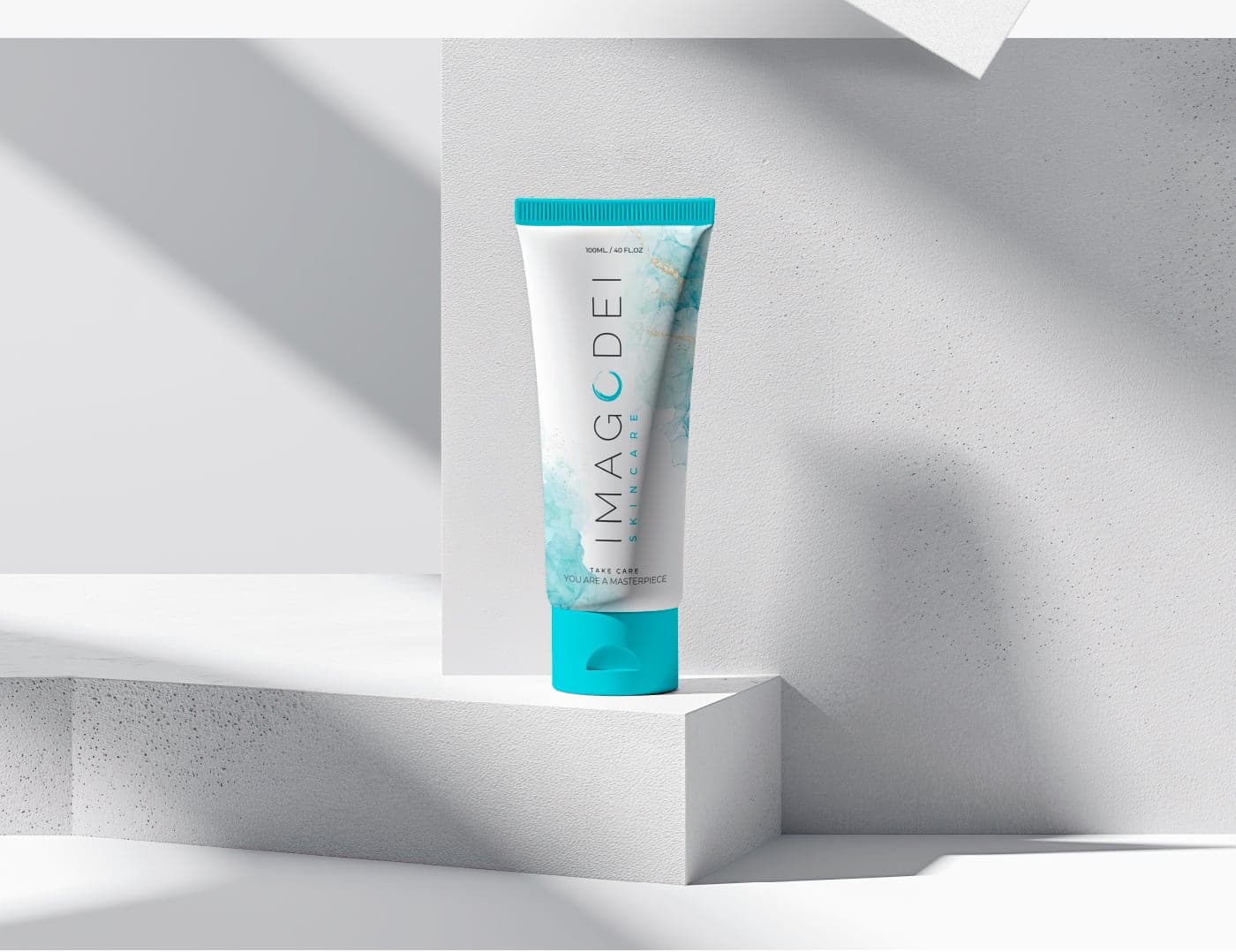 Mockup of the product packaging on a concrete pedestal