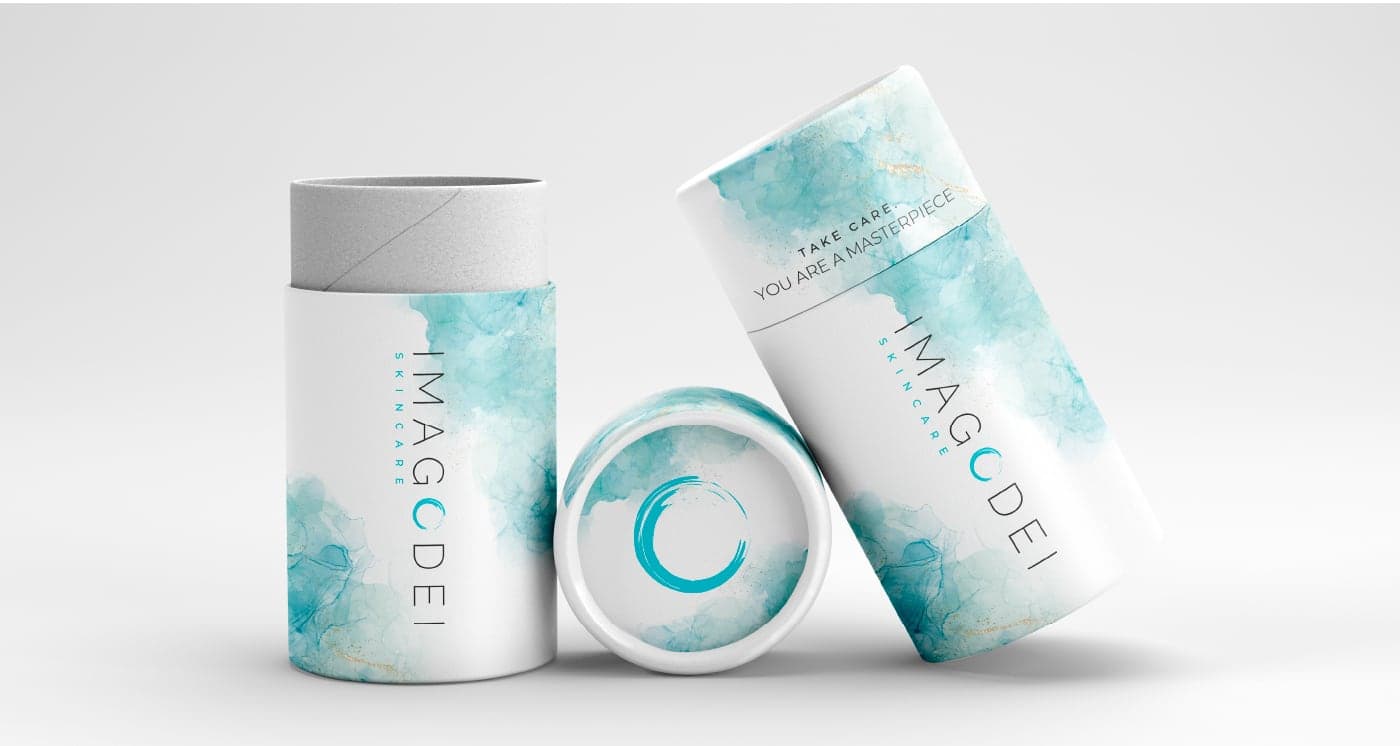 Three cylindrical cardboard tubs with turquoise marble print