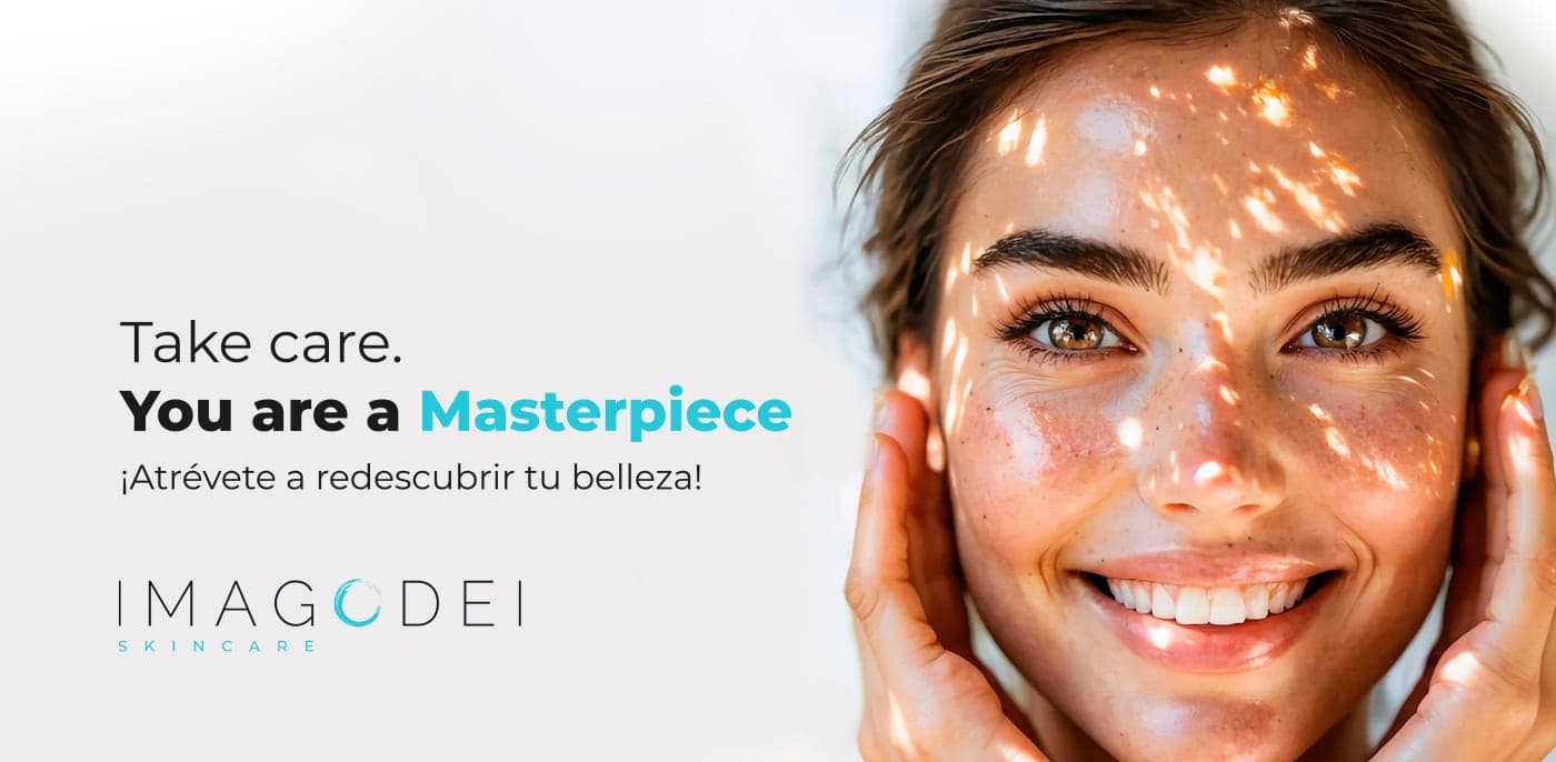 Banner with a woman's face and the tagline Take Care, You are a Masterpiece