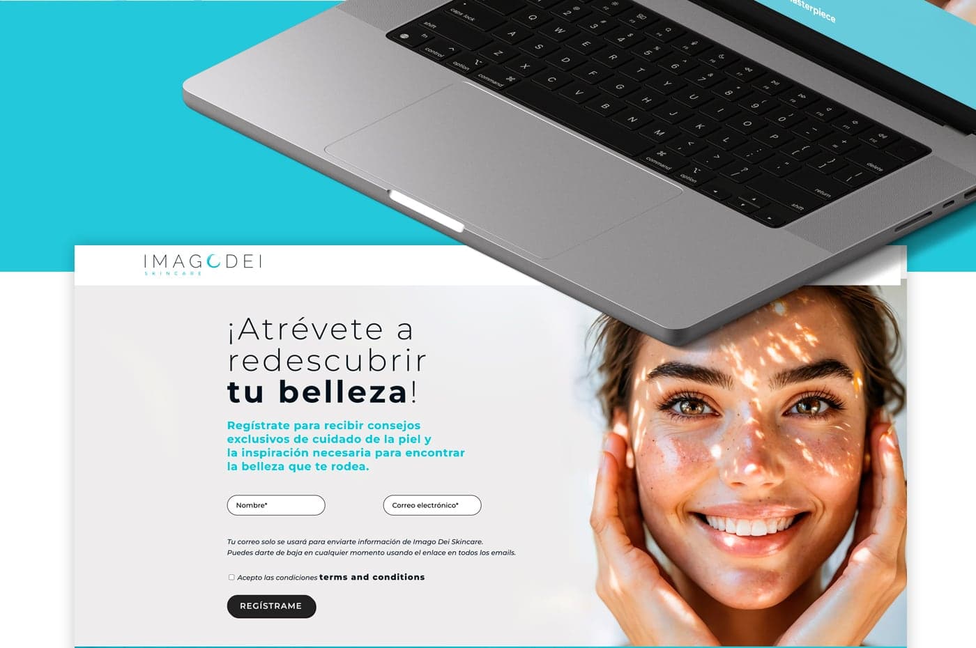 Detail of the laptop keyboard and the website's sign-up form