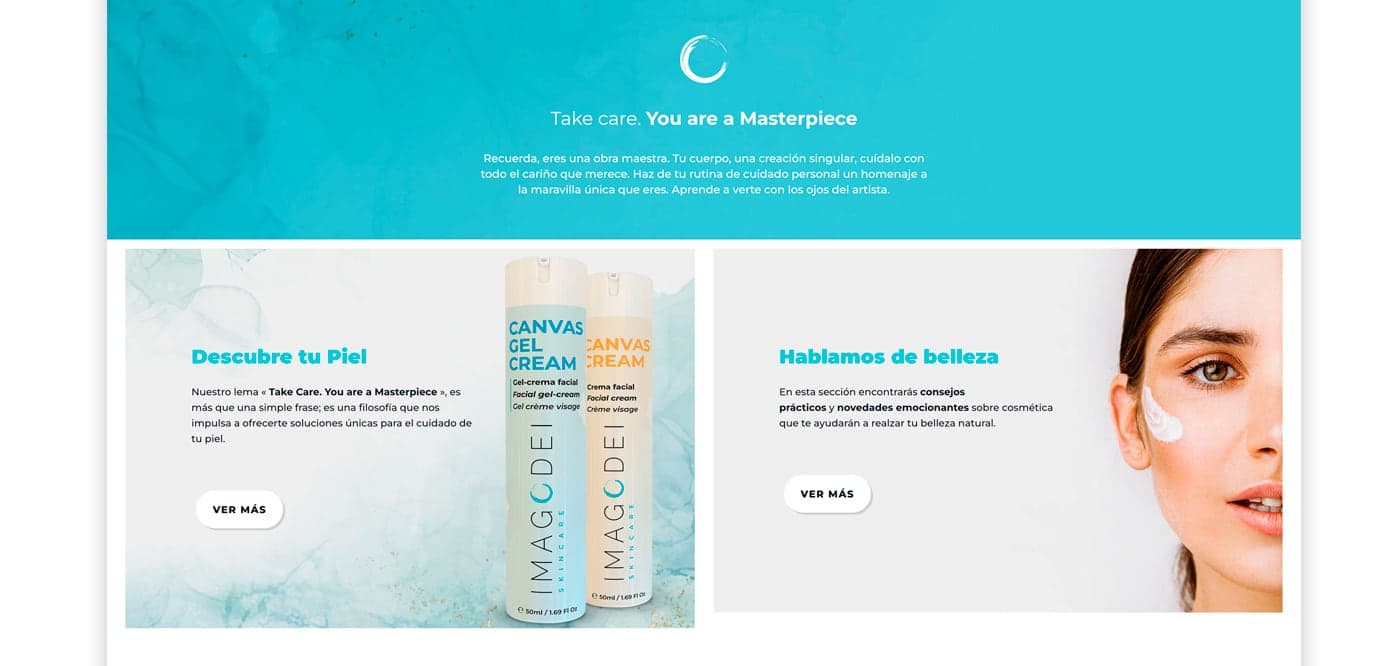 Website section with a turquoise banner and product and blog cards