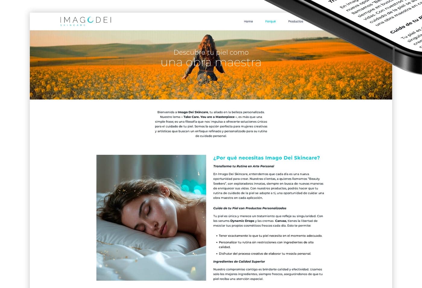Web page with a photo of a woman walking through a field of golden flowers