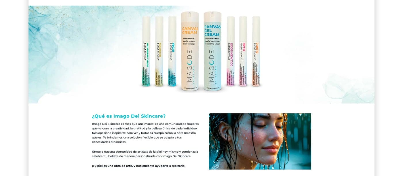 Web page with the product range and a woman in the shower
