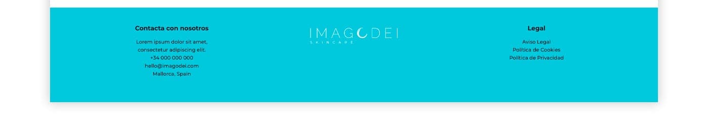 Turquoise footer with contact details and legal links