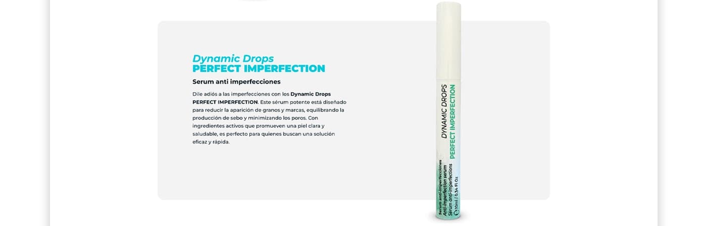 Web product page for the Dynamic Drops Perfect Imperfection serum