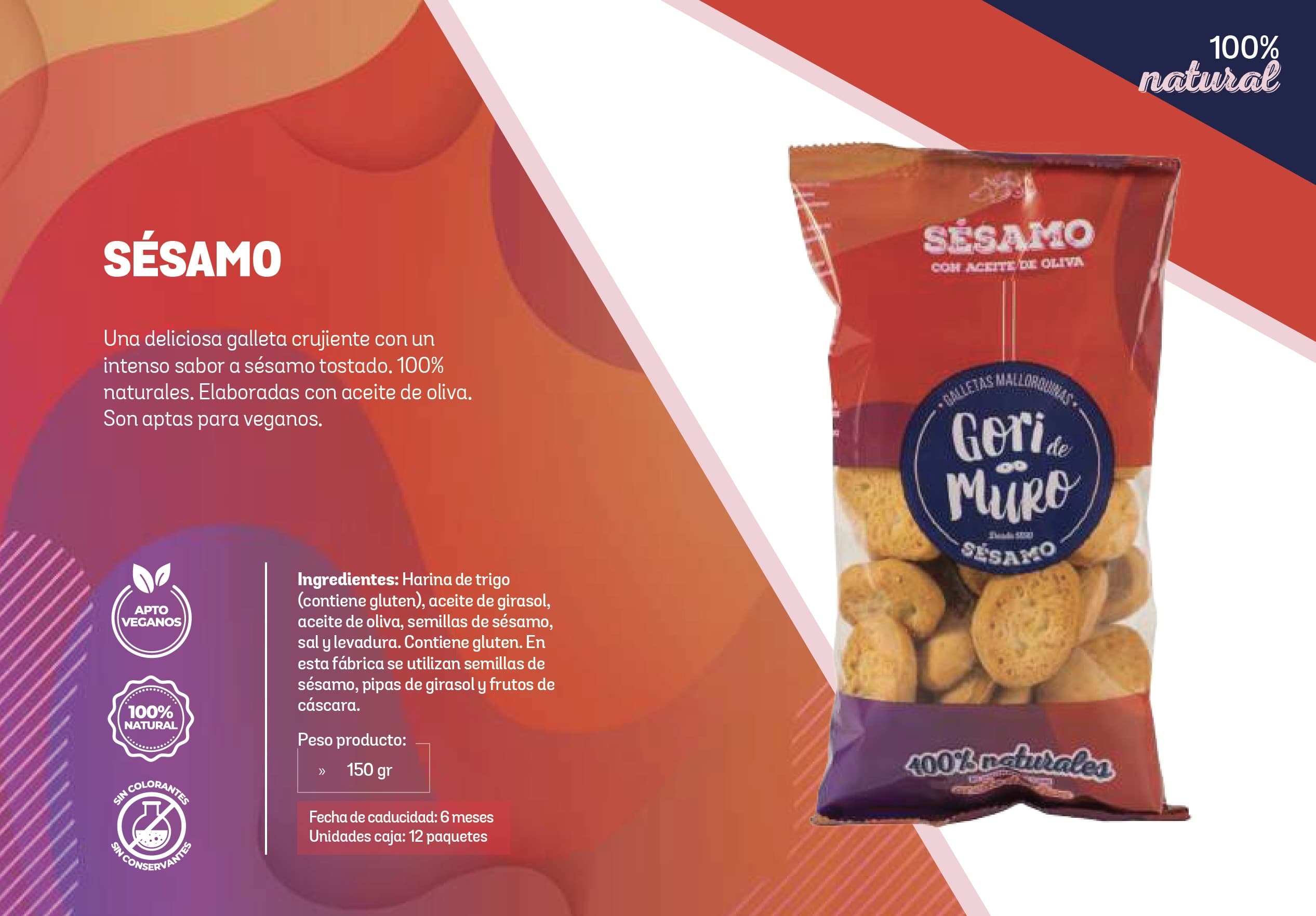 Packaging de galletas de sésamo Gori de Muro en bolsa roja con círculo azul