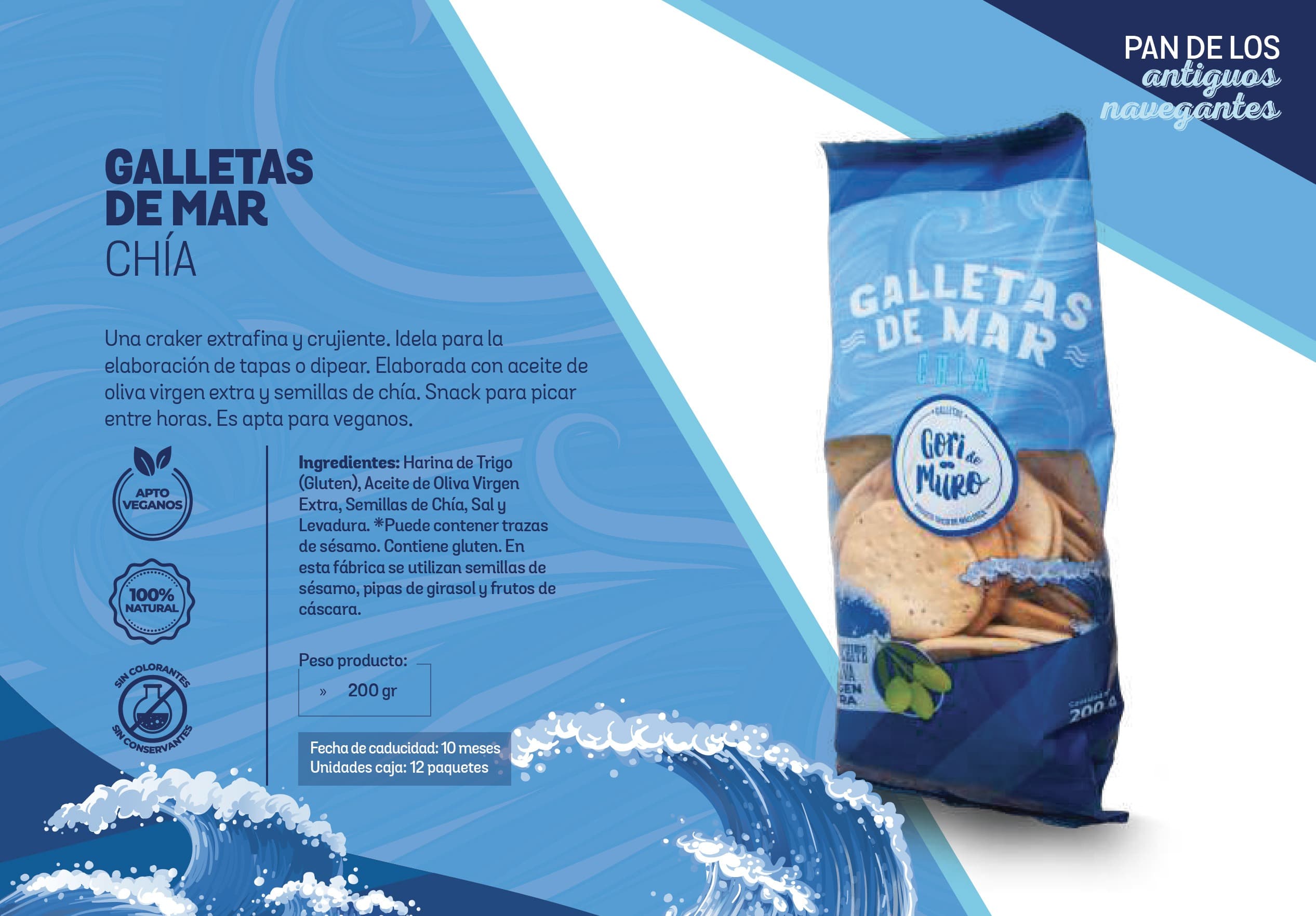 Packaging de galletas de mar con chía Gori de Muro en bolsa azul con olas