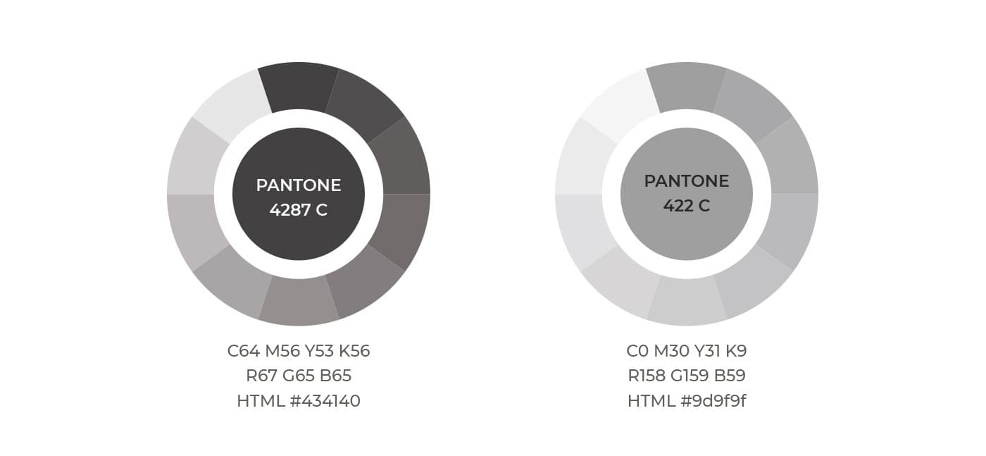 Paleta cromàtica de la marca amb els tons Pantone gris antracita i gris pedra