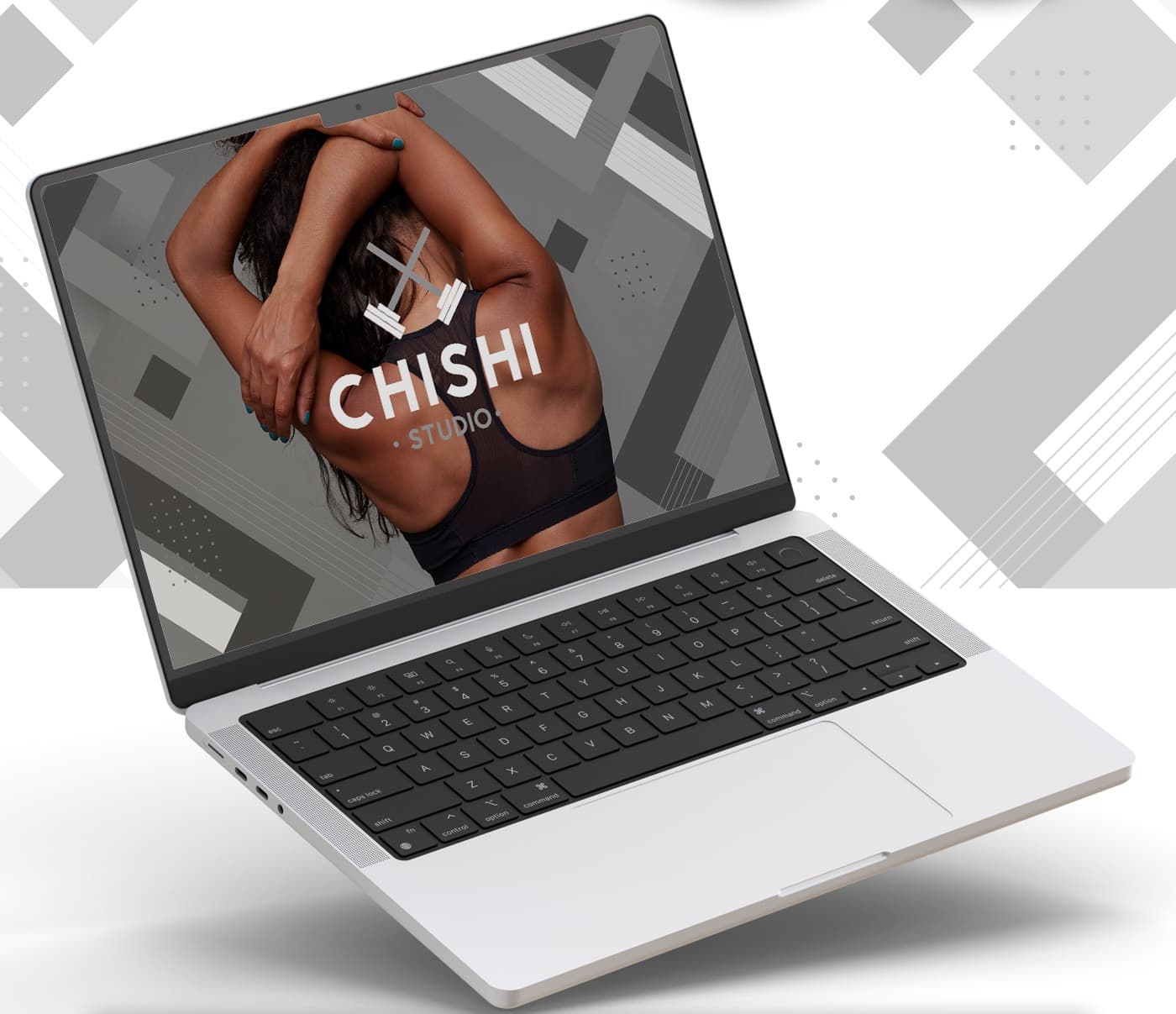 Mockup de portàtil mostrant la home de la web amb una atleta i el logotip superposat