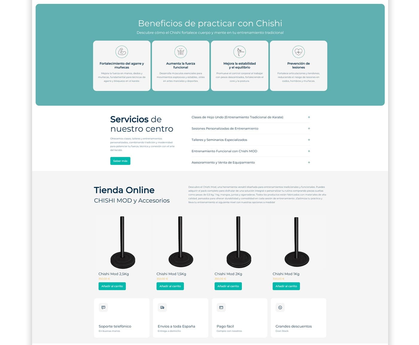 Secció de beneficis de practicar amb Chishi i llistat de serveis del centre a la web