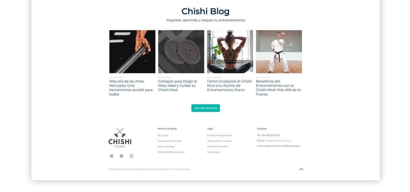 Graella d'articles del blog de Chishi Studio i peu de pàgina amb dades de contacte