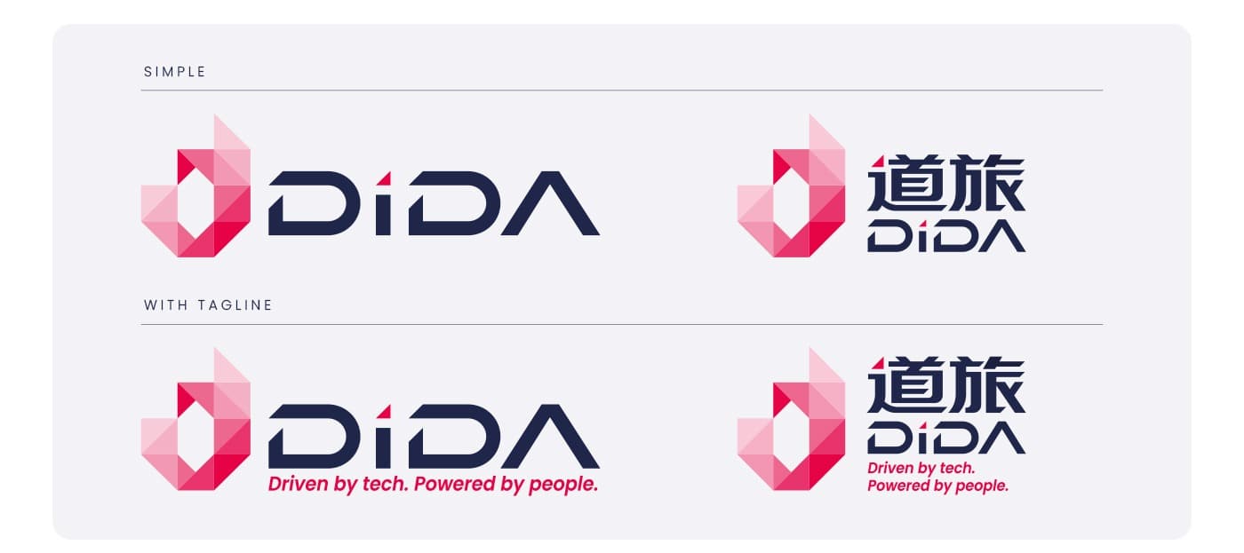 Variantes del logotipo Dida Travel en español y chino, con eslogan