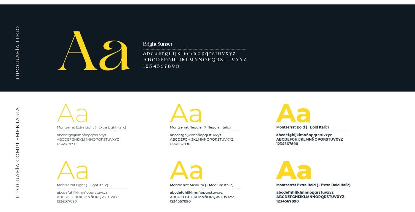 Typographic sample with the Bright Sunset script font used in the logo and the supporting Montserrat family