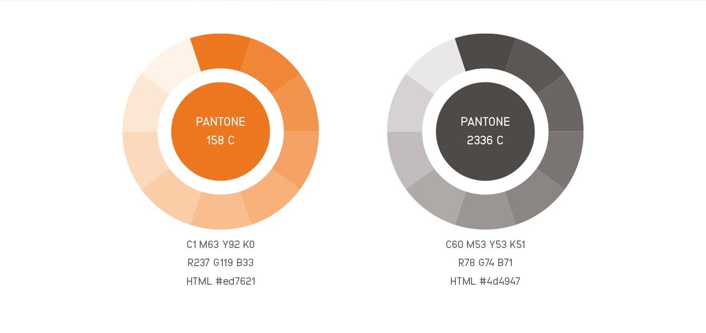 Paleta cromática de la marca con los tonos Pantone naranja y gris oscuro