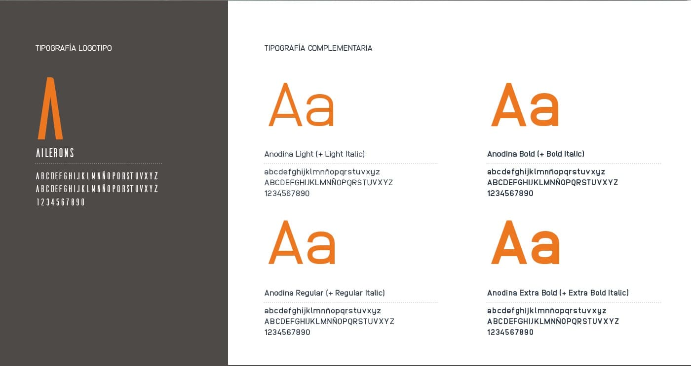 Manual de marca con la tipografía complementaria Anodina sobre fondo gris