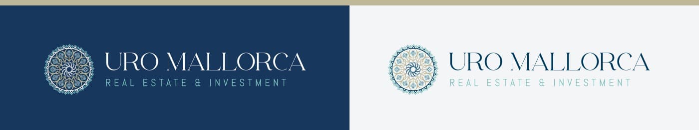 Logotip Uro Mallorca amb el rosetó daurat i blau sobre fons marí i blanc