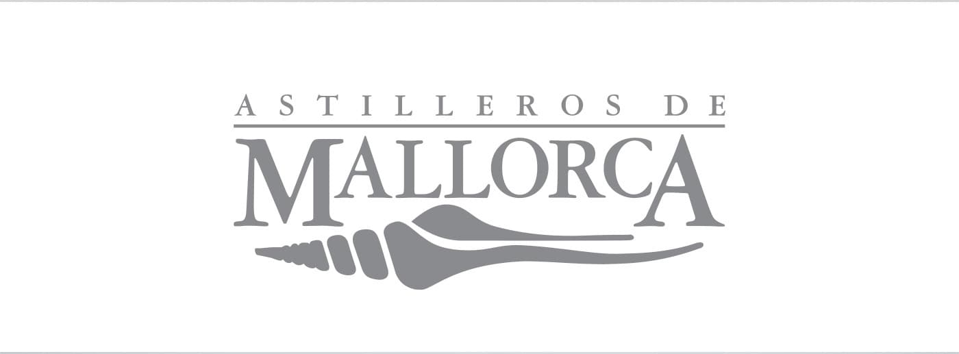 Astilleros de Mallorca logo in grey with a nautical helm and wake motif