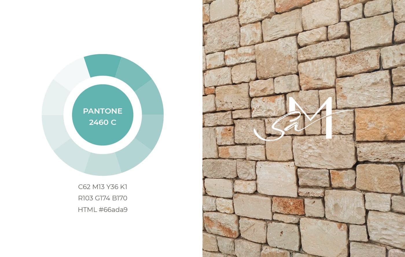 Paleta Pantone del projecte i aplicació del logo sobre un mur de pedra