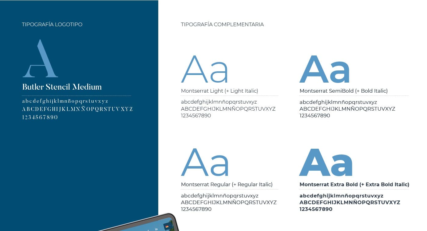 Type specimen of the Butler Stencil logo typeface and the Montserrat font