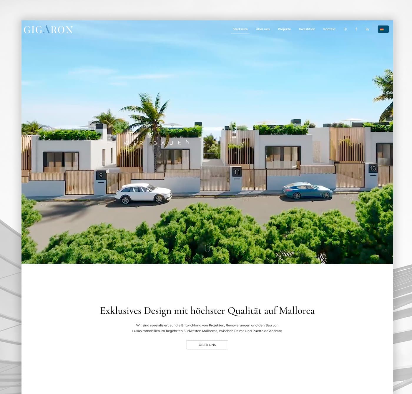 GIGARON website homepage with a street of luxury villas and palm trees