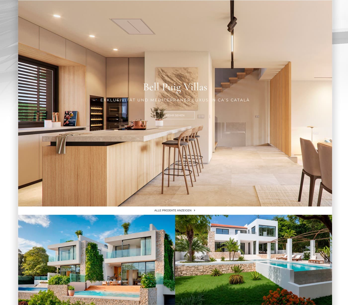 Designer kitchen of a Bell Puig villa and an exterior photo grid on the website