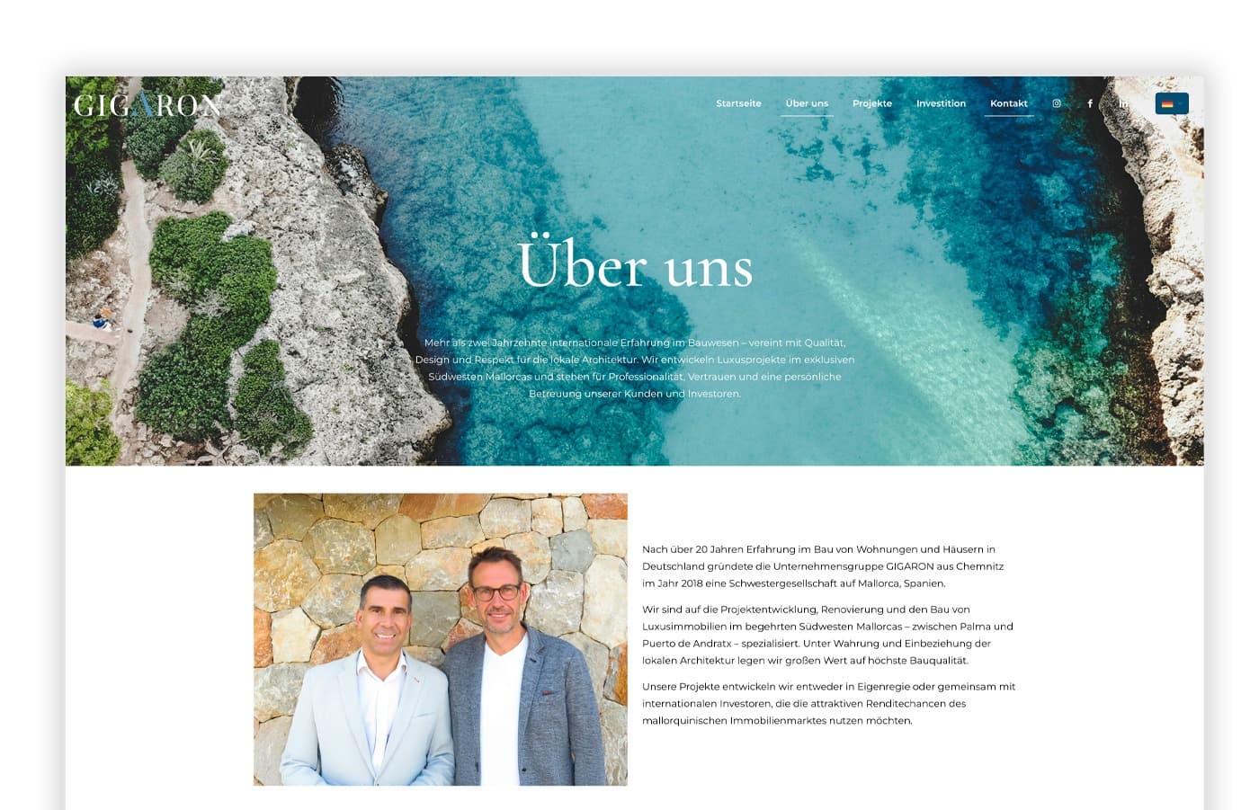 Über uns page with an aerial view of a cove and a photo of the GIGARON partners