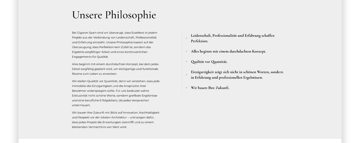 Unsere Philosophie section with the brand's values in text columns