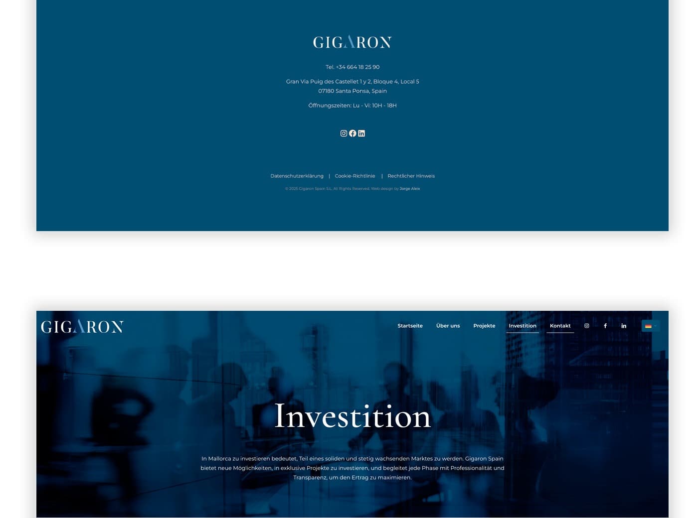 Investition page with a blurred, blue-toned business photo