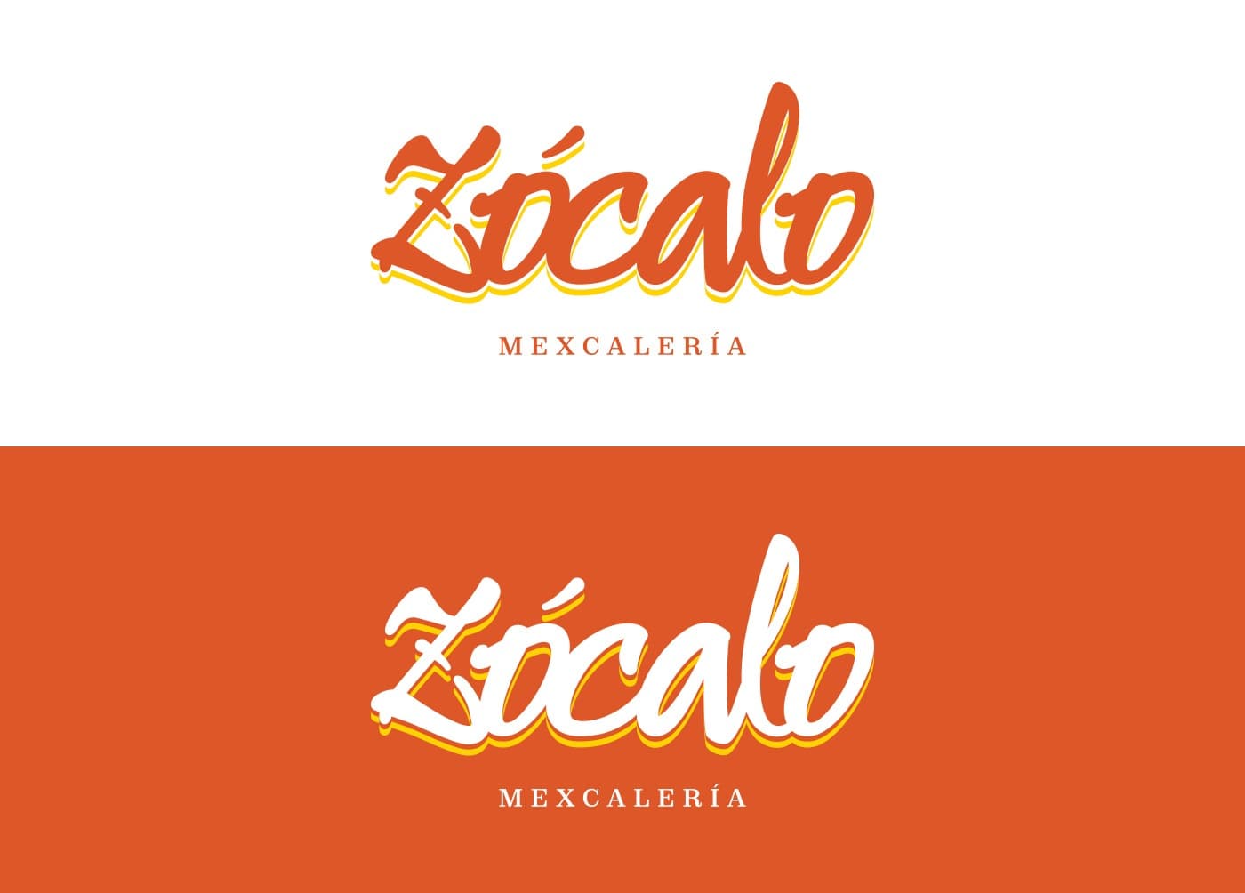 Logotipo manuscrito de Zócalo Mexcalería en naranja sobre blanco y en blanco sobre naranja
