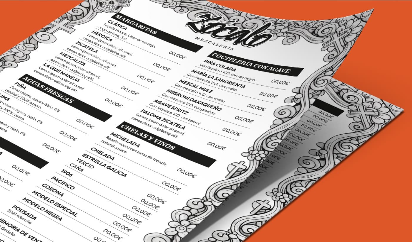Mockup de la carta desplegada con ilustraciones de calaveras y las secciones de cócteles