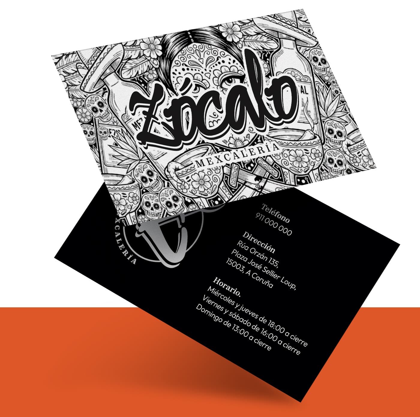 Mockup de tarjeta de visita con ilustración de calavera y los datos de contacto del local