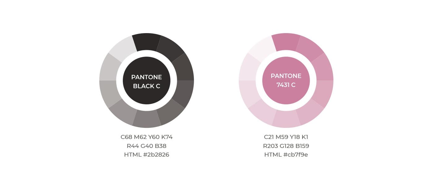 Paleta de color Pantone en negro y rosa malva de la identidad de Kiara