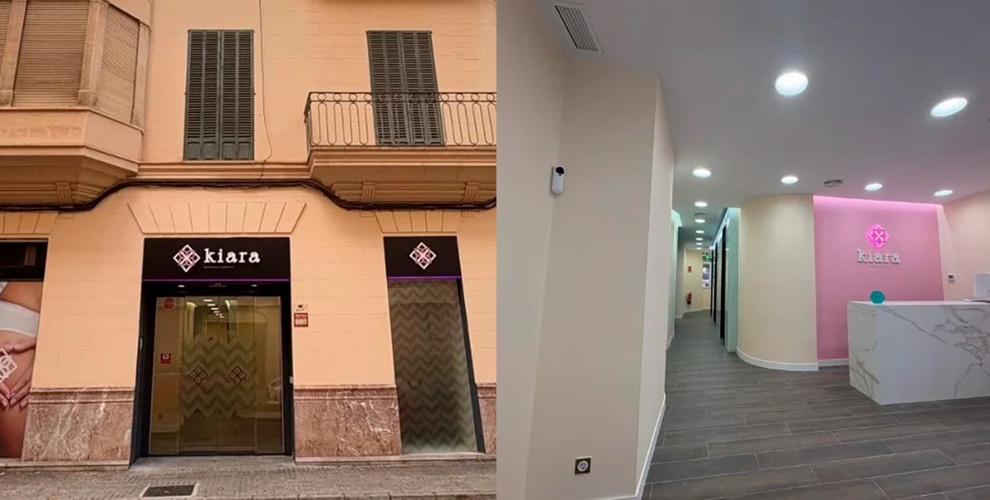 Fachada del centro Kiara y recepción interior con pared rosa iluminada