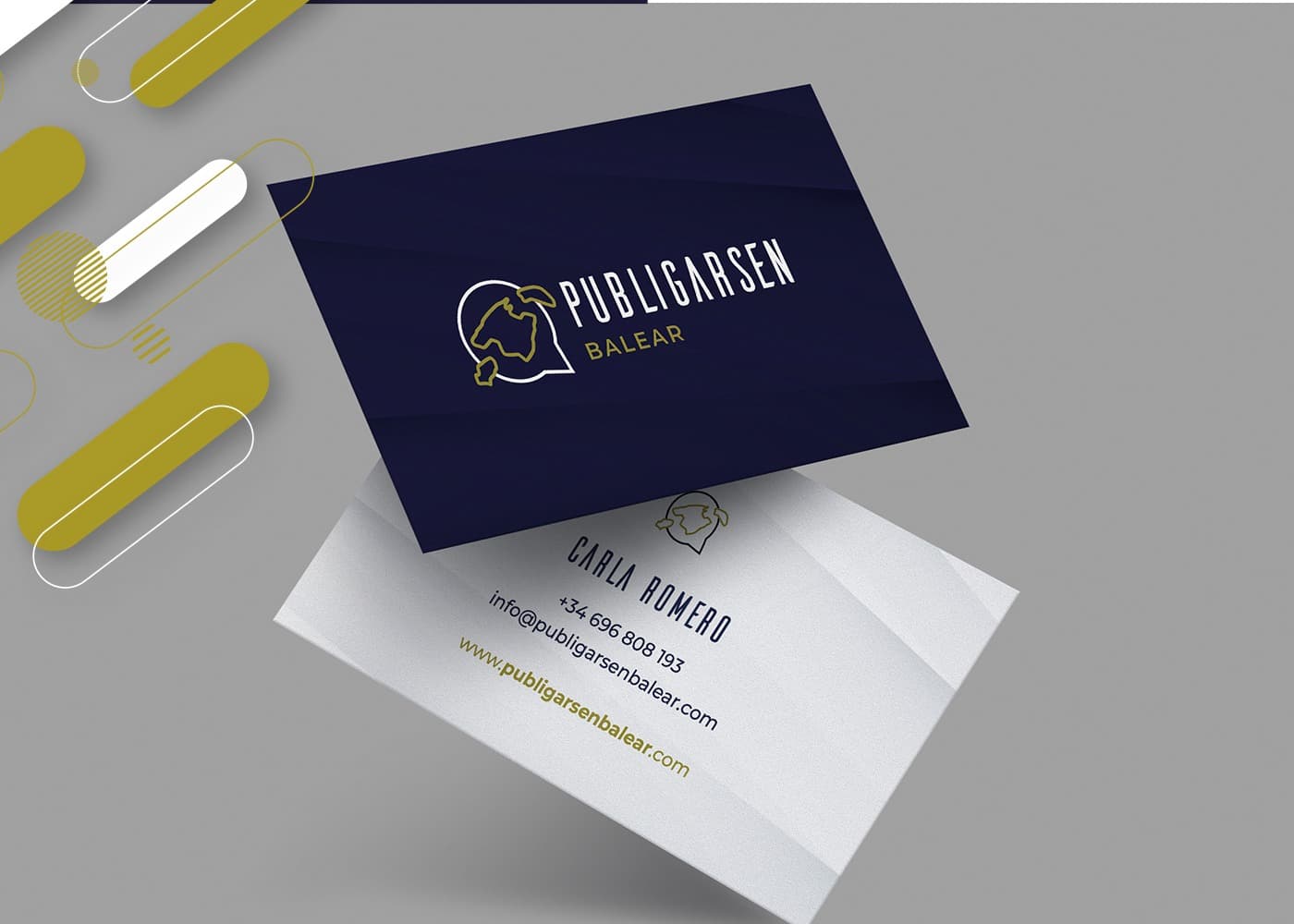 Navy-blue business cards with the Mallorca map logo in gold