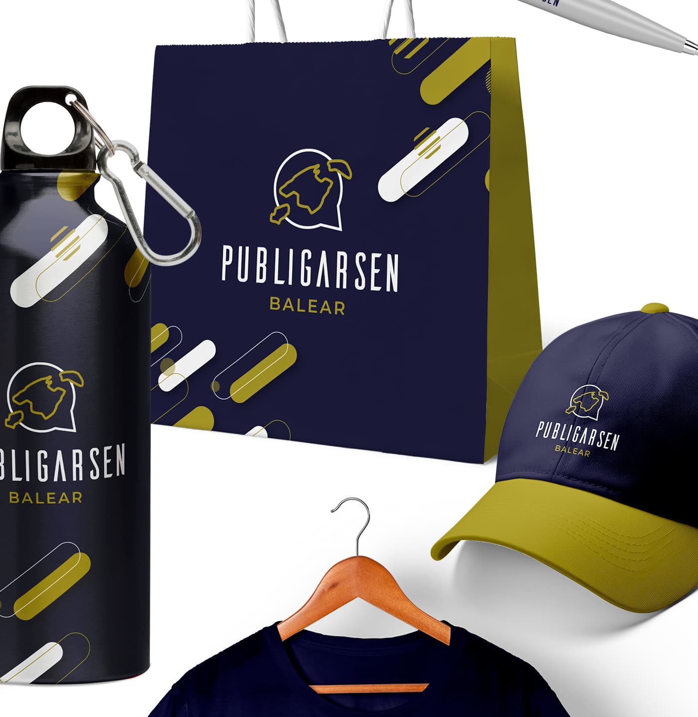 Paper bag, cap, T-shirt and bottle with the logo in navy blue and olive green