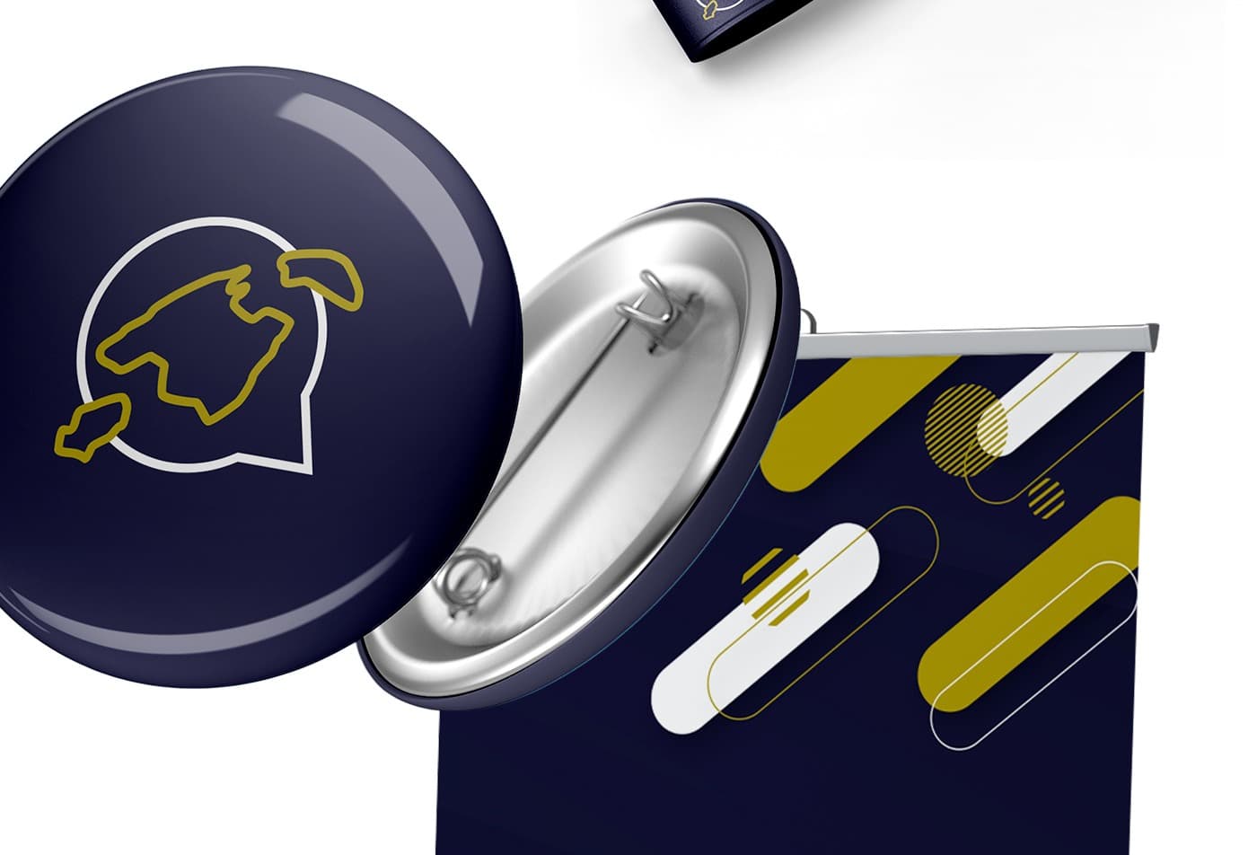 Promotional badge and roll-up with the map symbol and geometric shapes