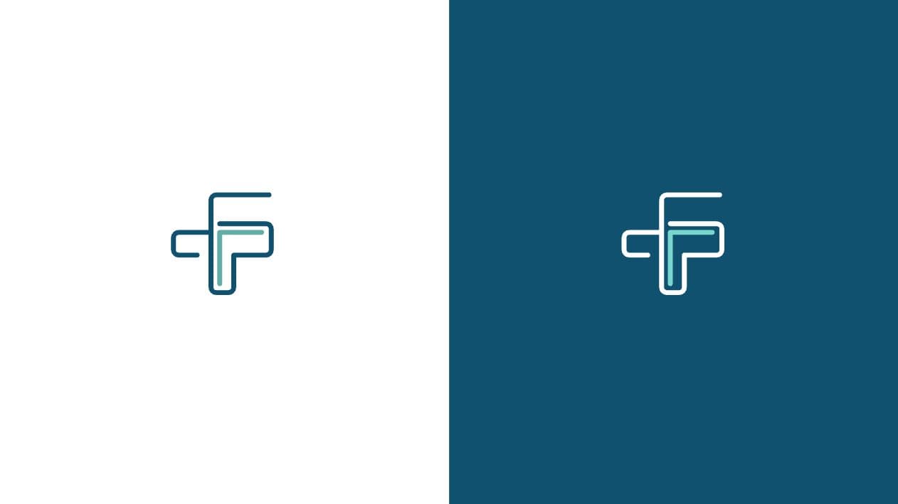 Isotipo con la cruz farmacéutica y el monograma F sobre fondo blanco y azul