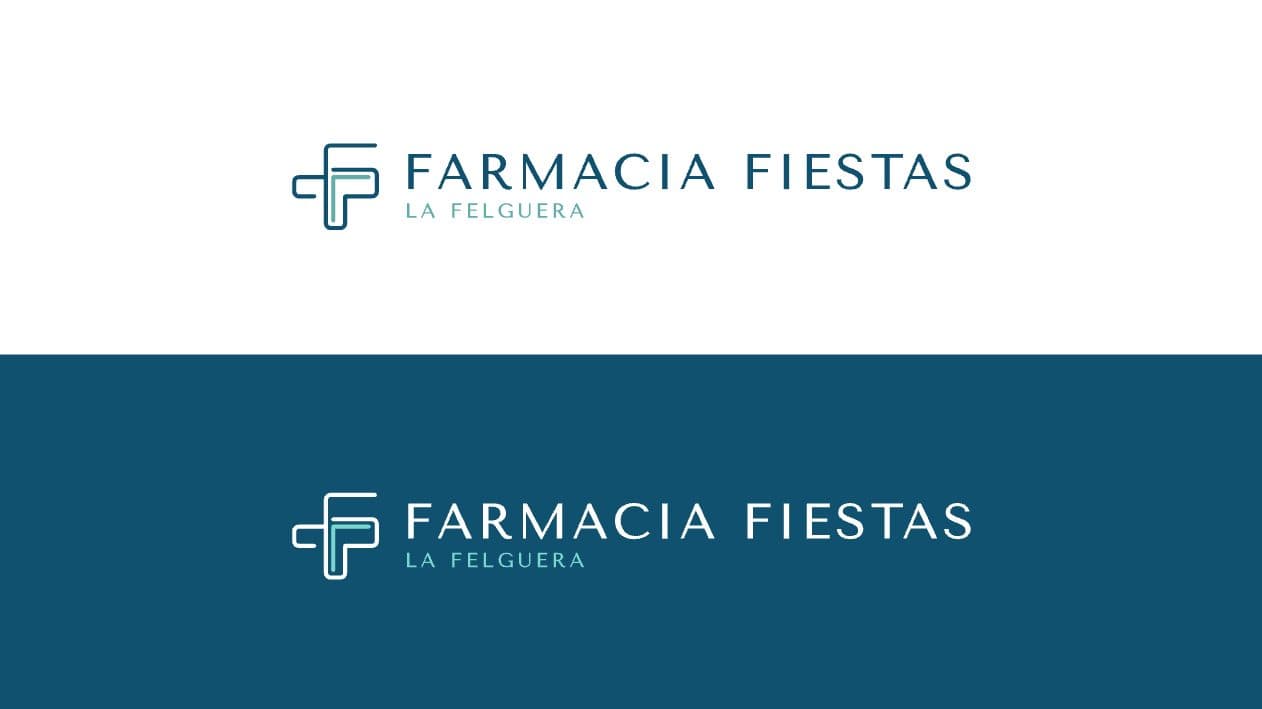 Versión horizontal ampliada del logotipo de Farmacia Fiestas en positivo y negativo