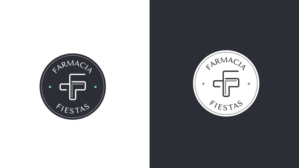 Sello circular del logotipo de Farmacia Fiestas en versión oscura y clara