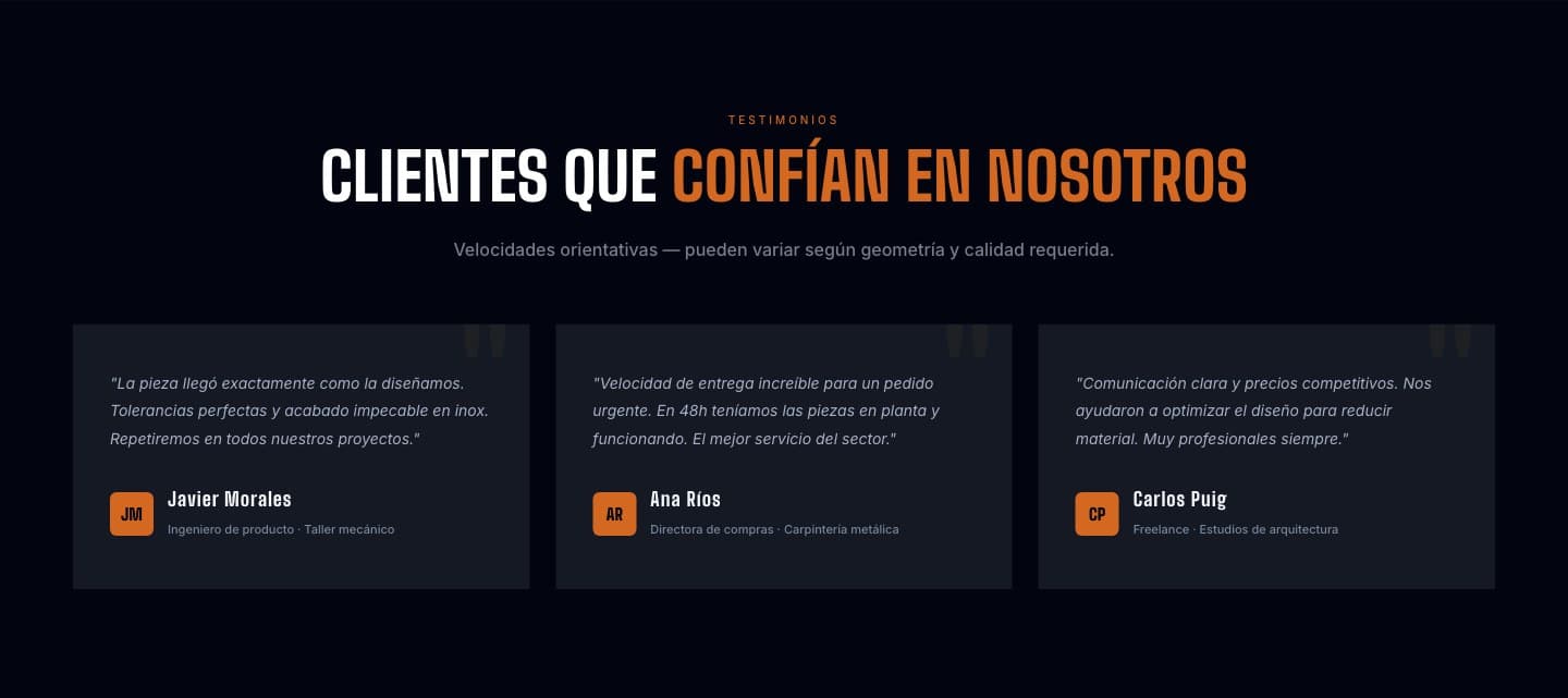 Sección de testimonios de clientes con tarjetas de valoraciones y fotos de perfil