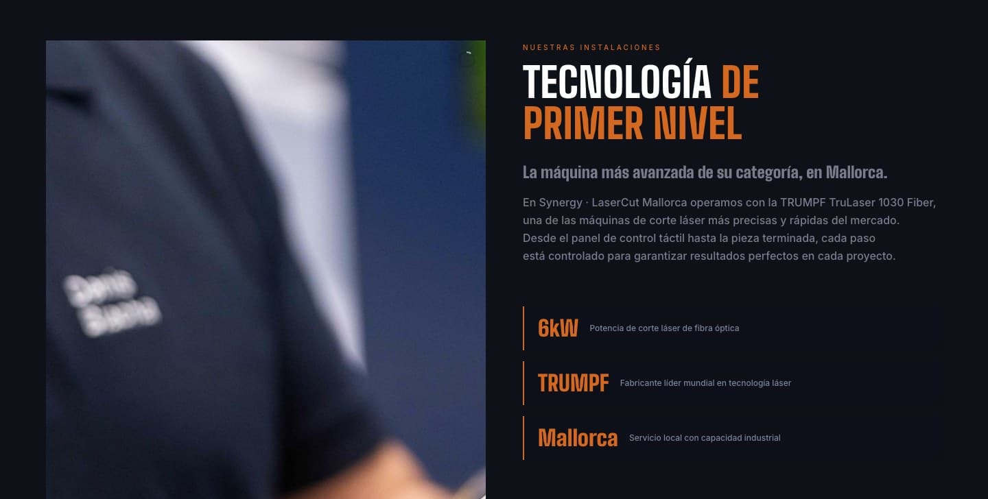 Apartado Tecnología de Primer Nivel con detalle del uniforme de un operario y datos de la máquina TruLaser
