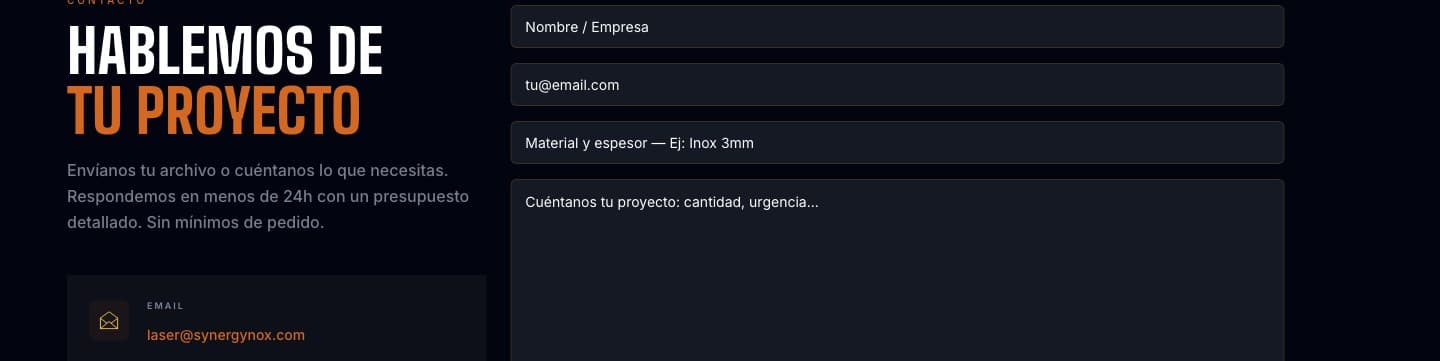 Formulario de contacto de la web con campos para nombre, email, material y descripción del proyecto
