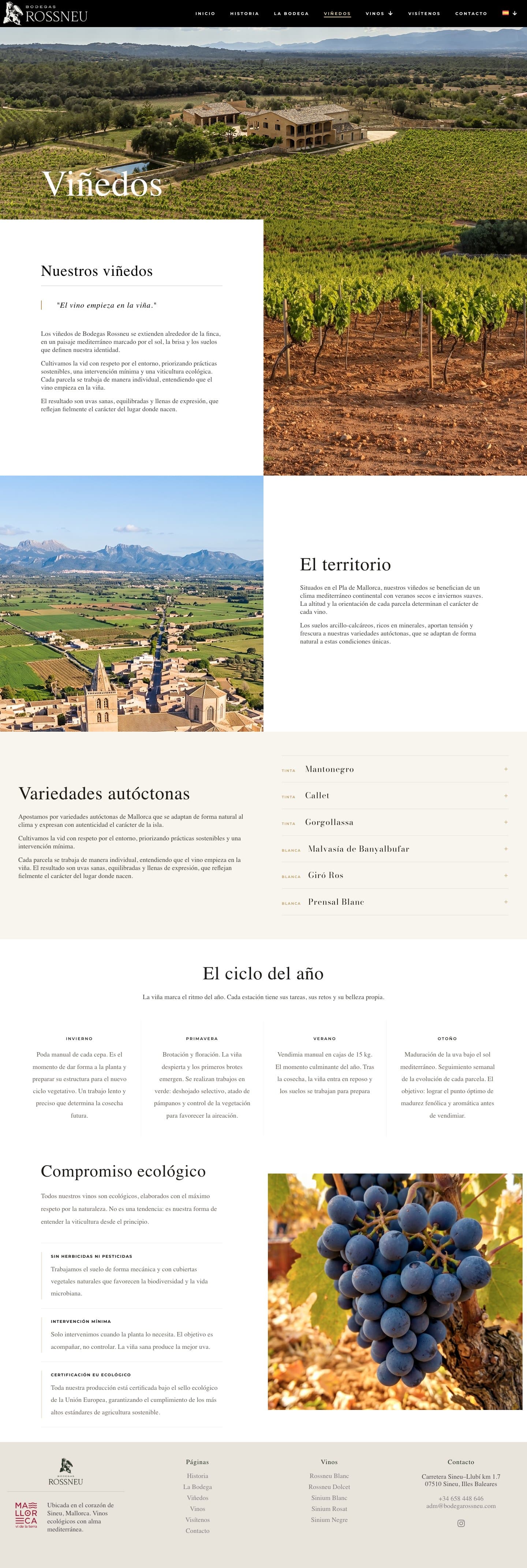 Pàgina web de la secció Vinyes amb vista aèria de la finca i el camp