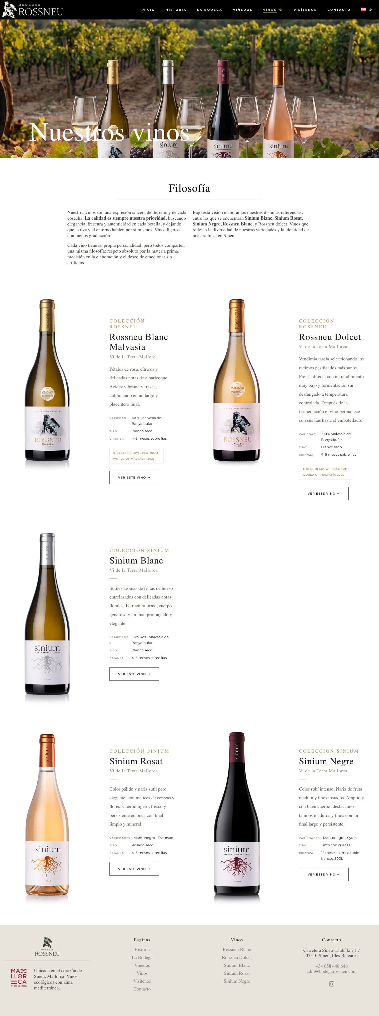 Pàgina de la secció Vins amb les cinc ampolles del celler alineades