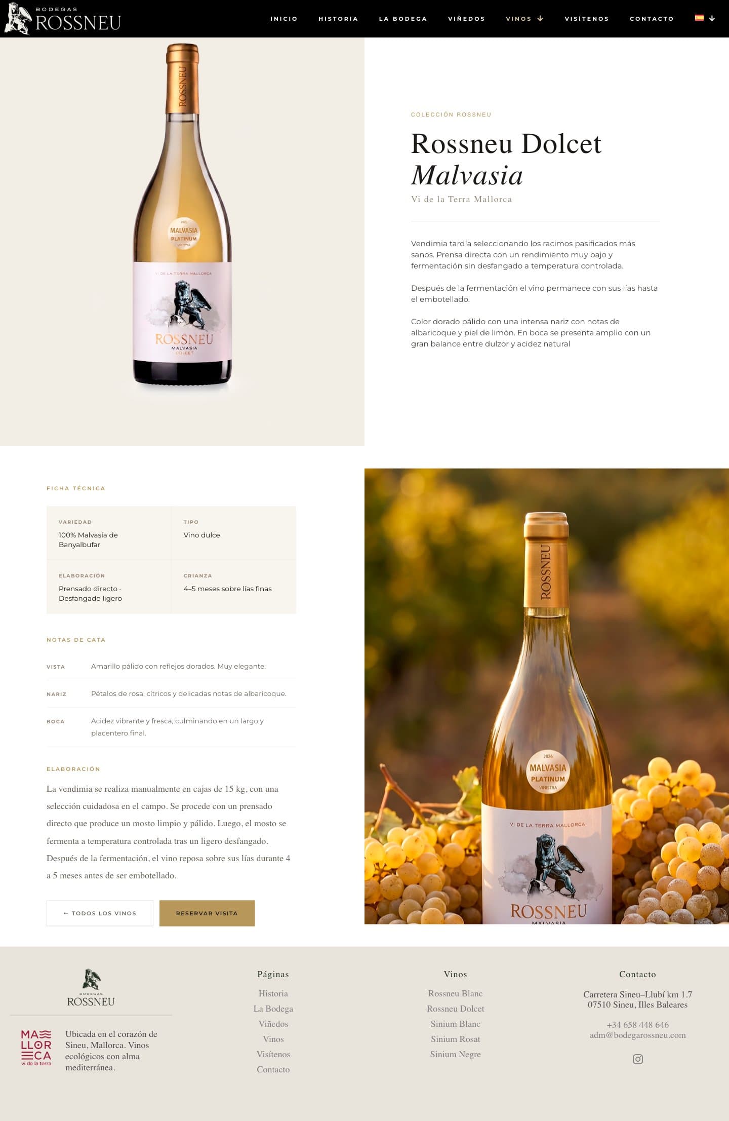 Fitxa de producte del Rossneu Dolcet Malvasia al costat de raïms blancs