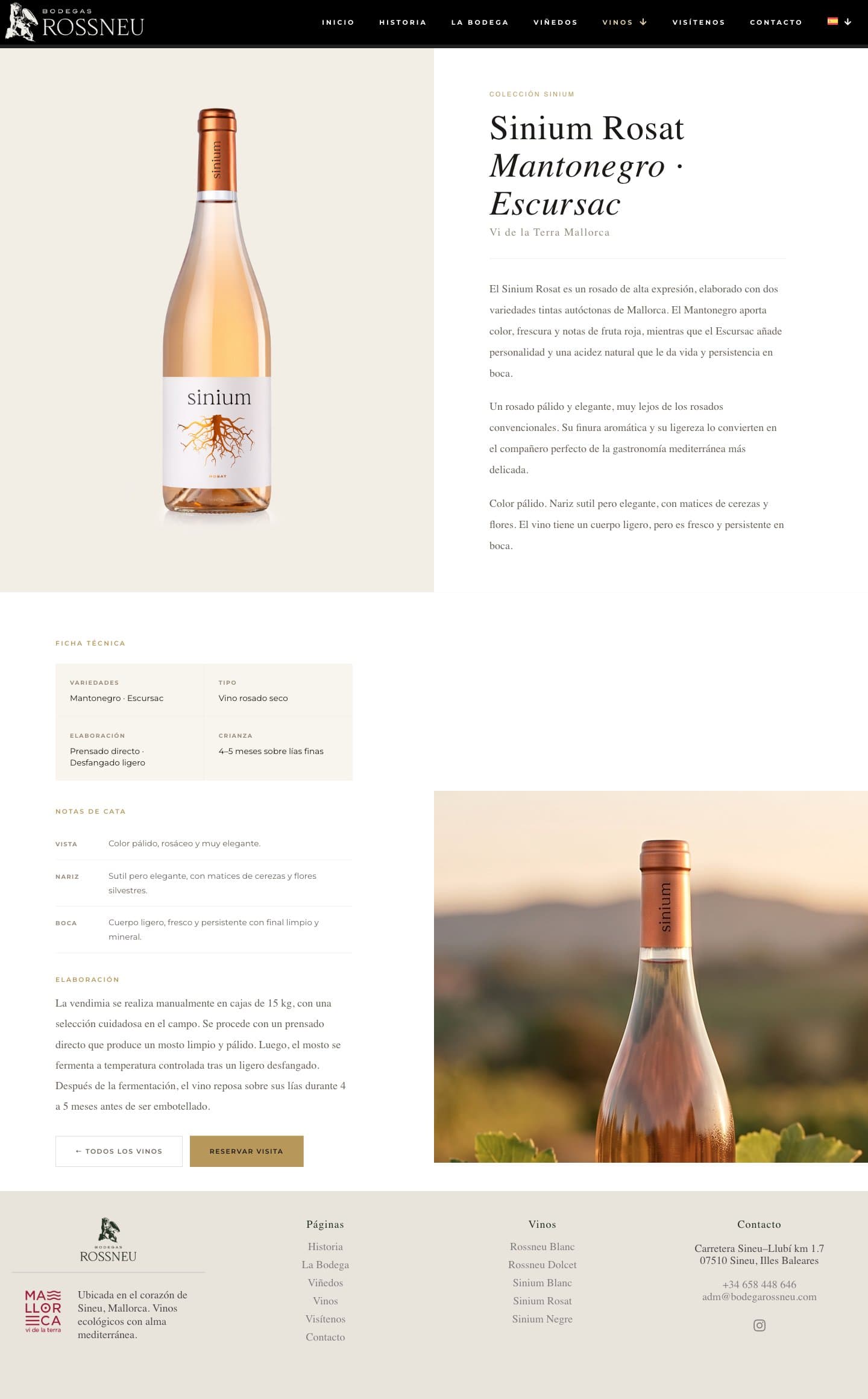 Fitxa de producte del Sinium Rosat amb l'ampolla sobre fons de vinya