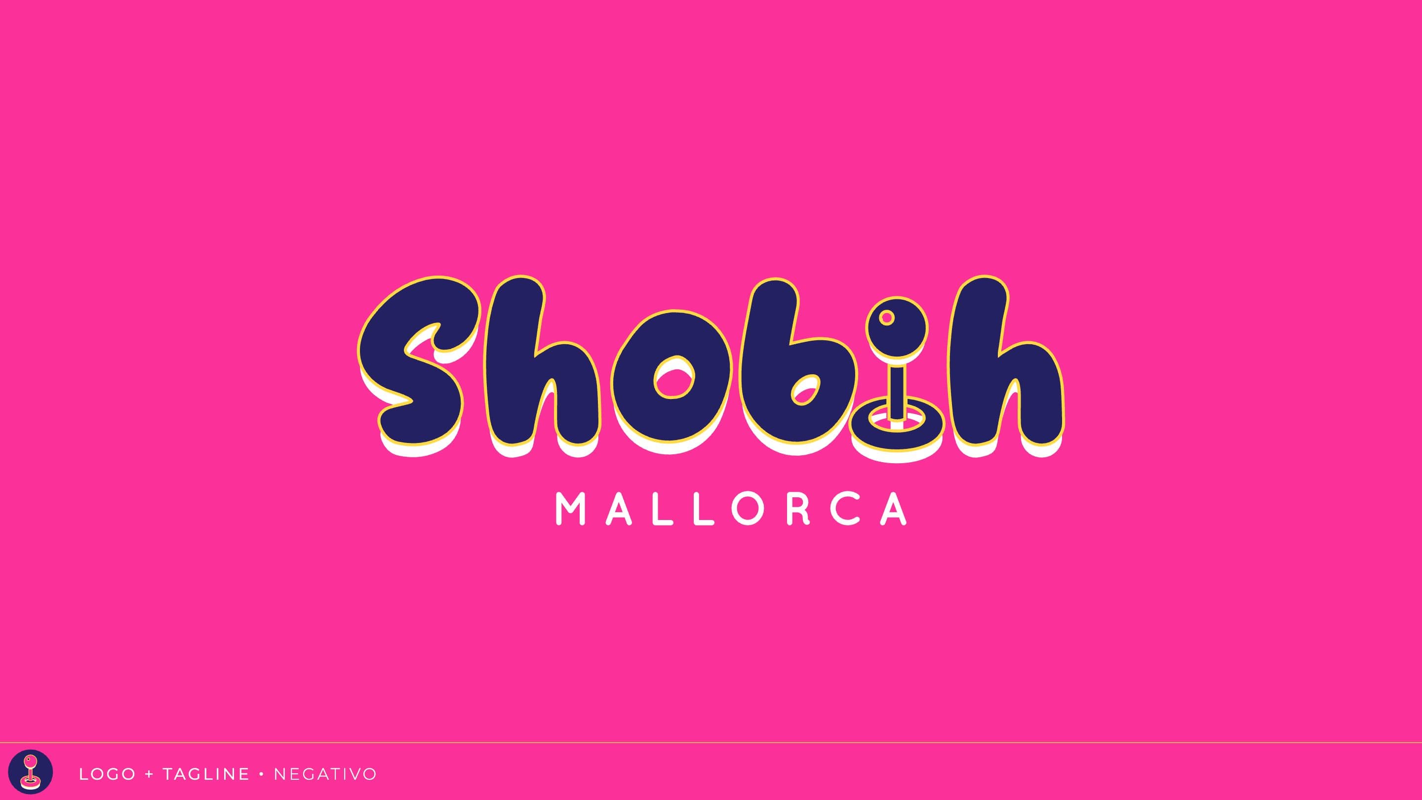 Shobih logotype with the joystick symbol in negative version on a pink background